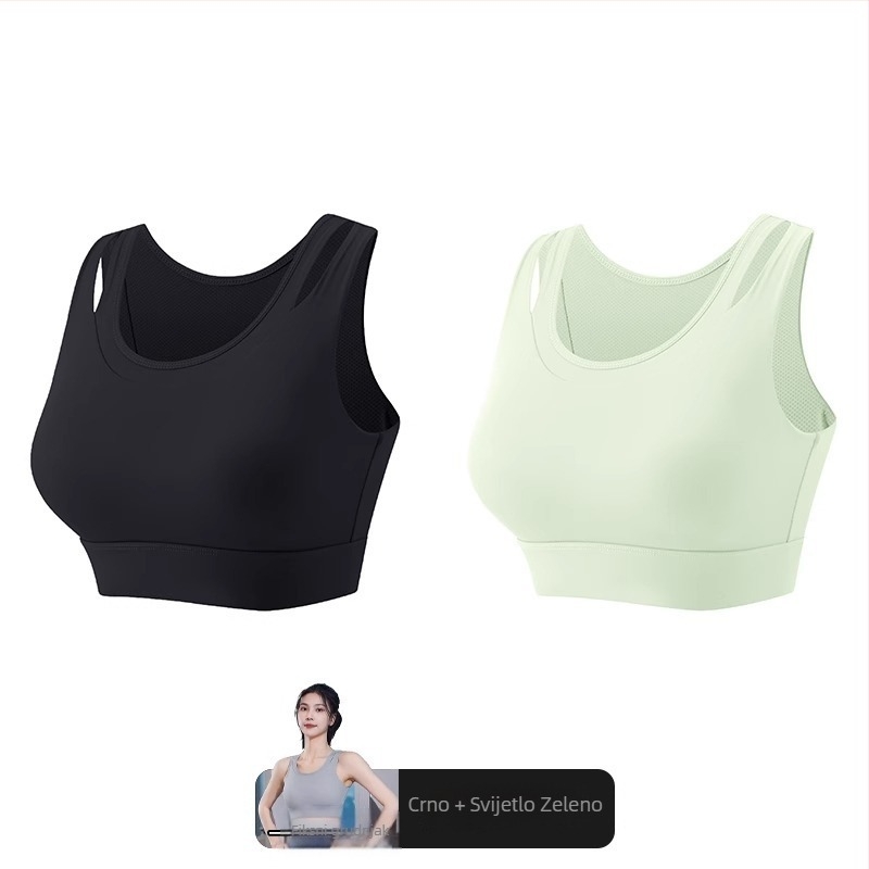 Ženski sportski grudnjak s jednoplošnim fiksnim jastučićem, glavni materijal najlon, podstava od spandeksa (30–50%), bez naramenica, trokutasti košarica, srednji oblik, upija znoj, za trčanje i jogu