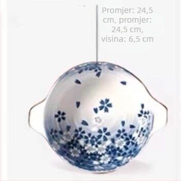 Porcelanska zdjela s dvostrukim drškama, okruglog oblika, s podglazurnim premazom, pogodno za mikrovalnu
