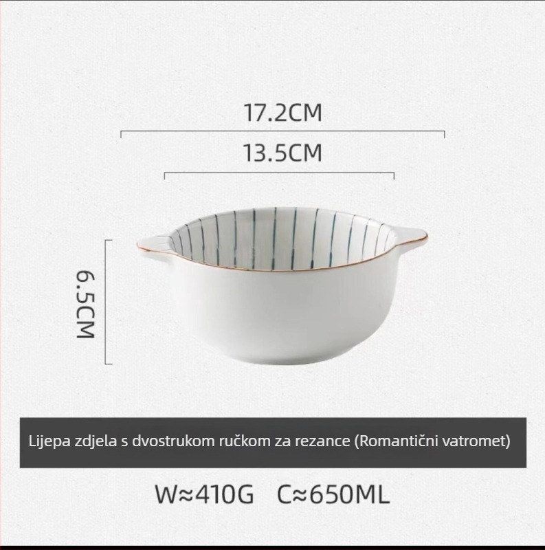 Porcelanska zdjela s dvostrukim drškama, okruglog oblika, s podglazurnim premazom, pogodno za mikrovalnu