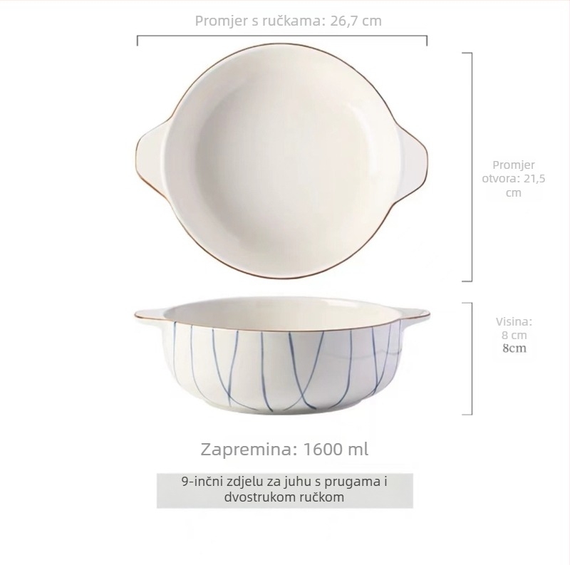 Porcelanska zdjela s dvostrukim drškama, okruglog oblika, s podglazurnim premazom, pogodno za mikrovalnu