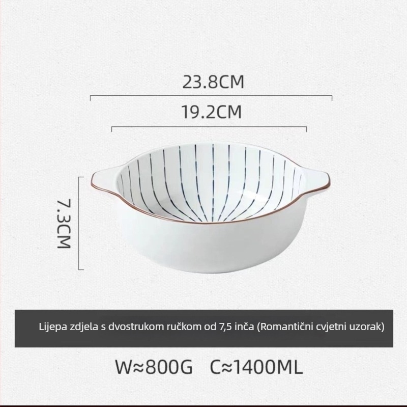 Porcelanska zdjela s dvostrukim drškama, okruglog oblika, s podglazurnim premazom, pogodno za mikrovalnu
