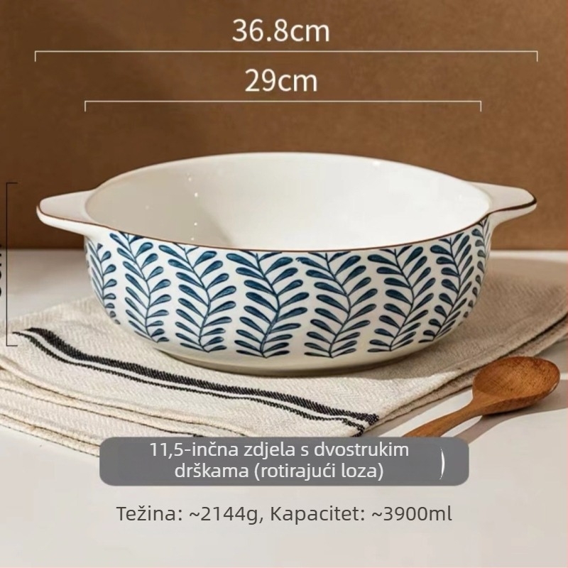 Porcelanska zdjela s dvostrukim drškama, okruglog oblika, s podglazurnim premazom, pogodno za mikrovalnu