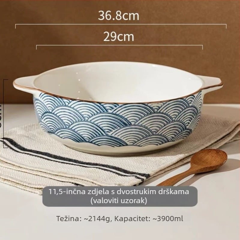 Porcelanska zdjela s dvostrukim drškama, okruglog oblika, s podglazurnim premazom, pogodno za mikrovalnu