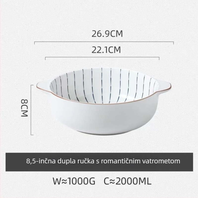 Porcelanska zdjela s dvostrukim drškama, okruglog oblika, s podglazurnim premazom, pogodno za mikrovalnu