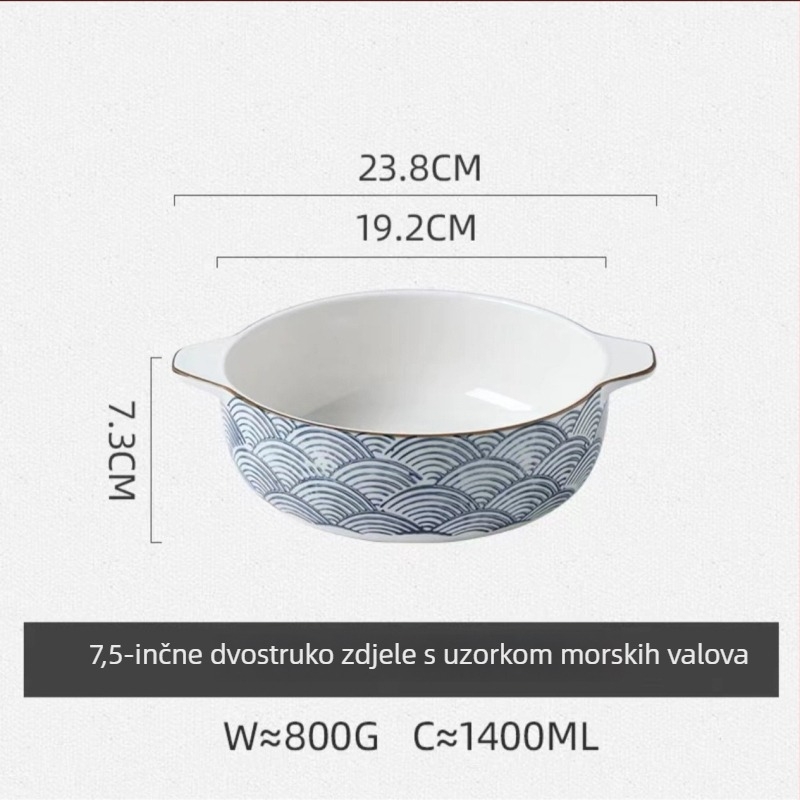 Porcelanska zdjela s dvostrukim drškama, okruglog oblika, s podglazurnim premazom, pogodno za mikrovalnu