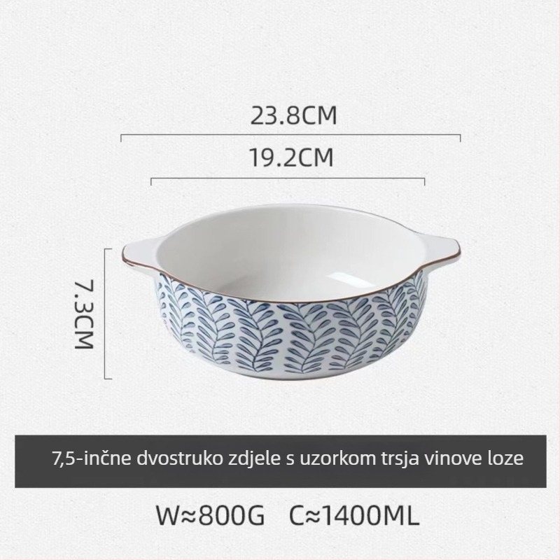 Porcelanska zdjela s dvostrukim drškama, okruglog oblika, s podglazurnim premazom, pogodno za mikrovalnu