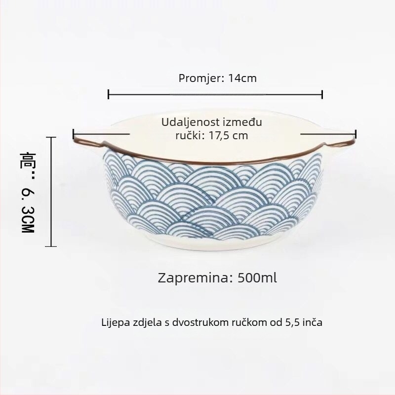 Porcelanska zdjela s dvostrukim drškama, okruglog oblika, s podglazurnim premazom, pogodno za mikrovalnu