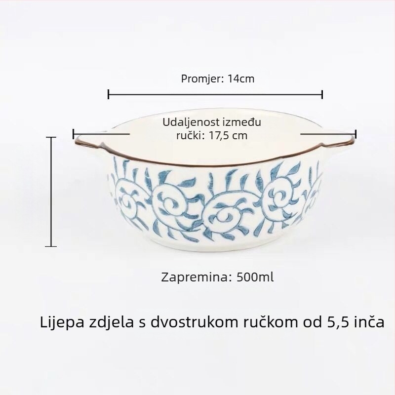Porcelanska zdjela s dvostrukim drškama, okruglog oblika, s podglazurnim premazom, pogodno za mikrovalnu