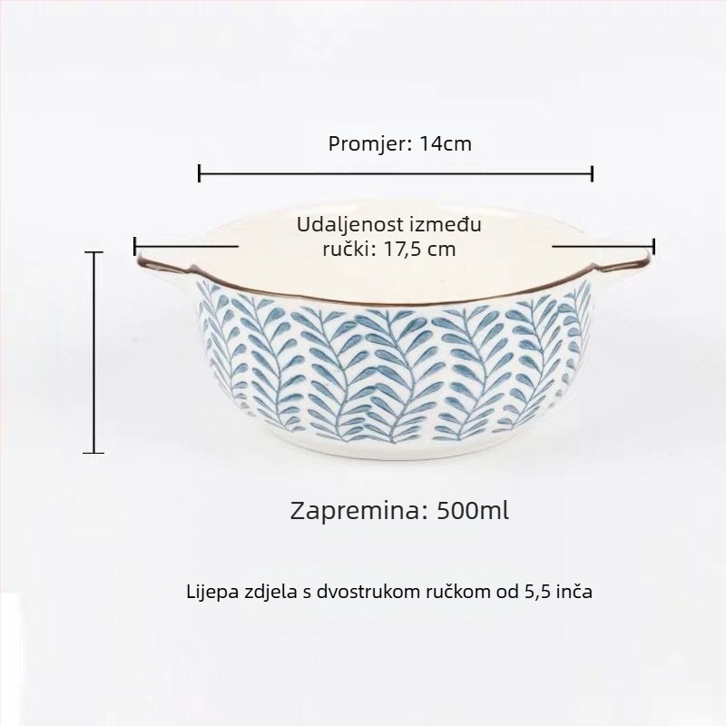 Porcelanska zdjela s dvostrukim drškama, okruglog oblika, s podglazurnim premazom, pogodno za mikrovalnu