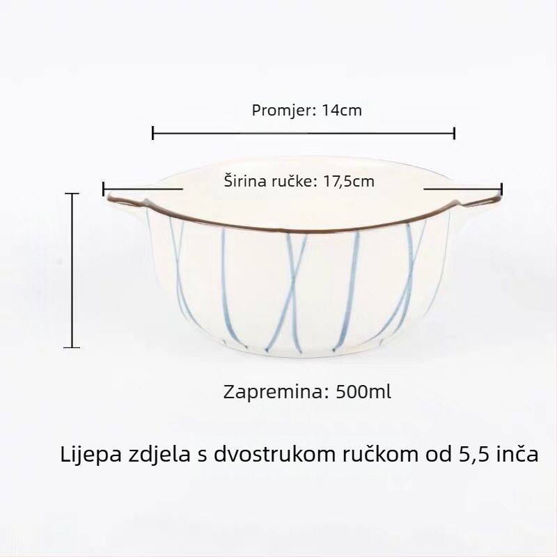 Porcelanska zdjela s dvostrukim drškama, okruglog oblika, s podglazurnim premazom, pogodno za mikrovalnu