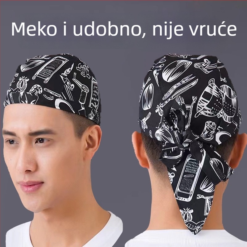 Pamučna kuharska kapa s prugama, warp-knitted konstrukcija, kupolasti vrh, podesiva traka za glavu