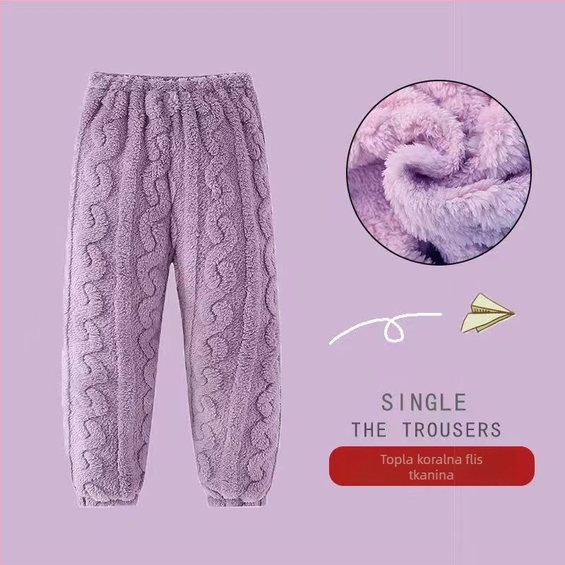 Dječje tople pidžama hlače za kućnu upotrebu — koralni pliš, 100% poliestera, za djecu 3–8 godina, zima