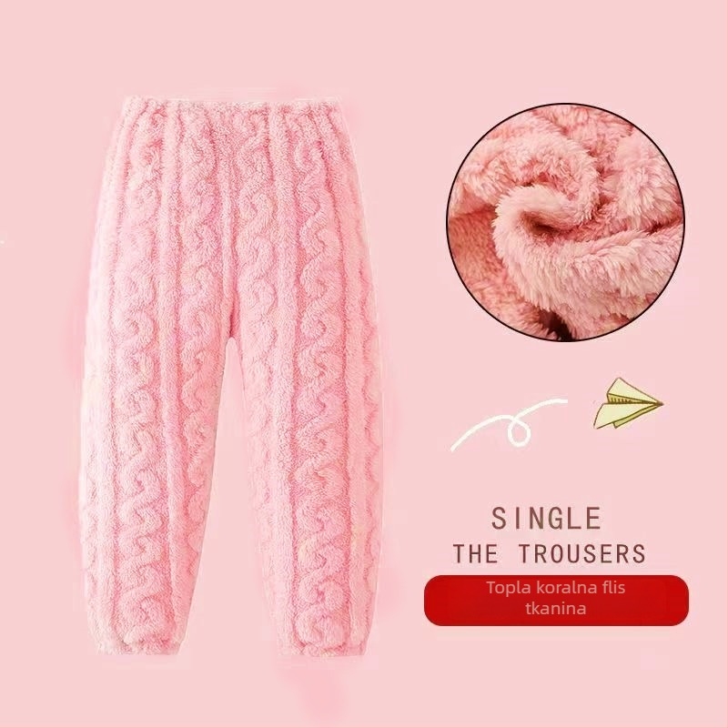 Dječje tople pidžama hlače za kućnu upotrebu — koralni pliš, 100% poliestera, za djecu 3–8 godina, zima