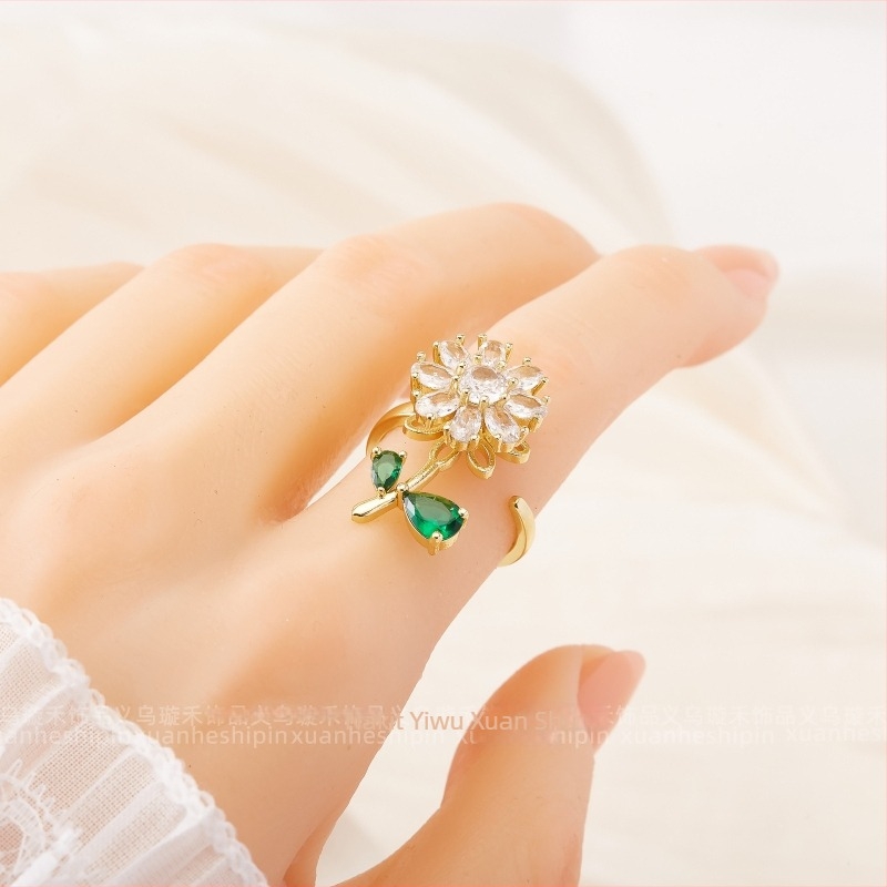 Bakreni prsten s cirkon mikrougradnjom, rotirajući dizajn okruglog cvijeta, elektroplatirani završetak, podrijetlo Yiwu