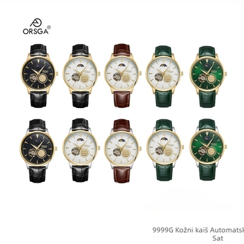 ORSGA Mehanički sat s lunarnom fazom i prozorom mehanizma; Pokretanje: Originalni mehanički pokret (porijeklo Kina); Kućište: Legura; Remen: Nehrđajući čelik; Vodootpornost: 30M