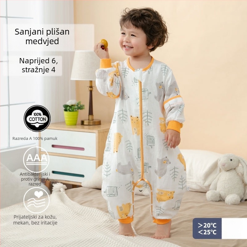 Dječji spavaći vak s razdvojenim nogama, 100% pamuk, antibakterijski, odvodi vlagu, za proljeće i jesen