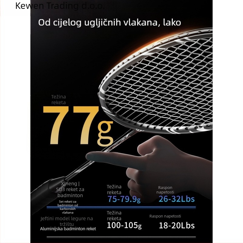 Badminton reketa – Kewen, okvir od karbonskih vlakana, težina 75–79 g, debljina ručke G-3, srednja tvrdoća
