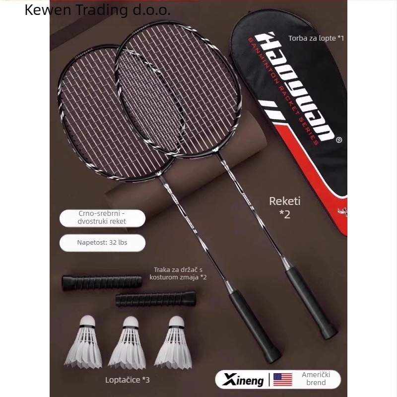 Badminton reketa – Kewen, okvir od karbonskih vlakana, težina 75–79 g, debljina ručke G-3, srednja tvrdoća