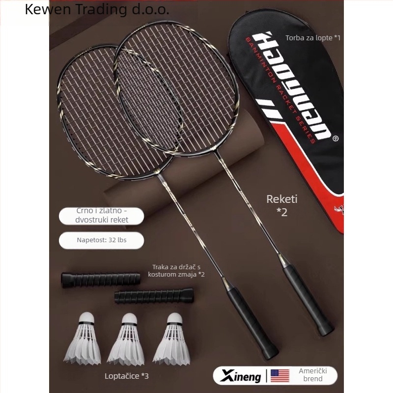 Badminton reketa – Kewen, okvir od karbonskih vlakana, težina 75–79 g, debljina ručke G-3, srednja tvrdoća