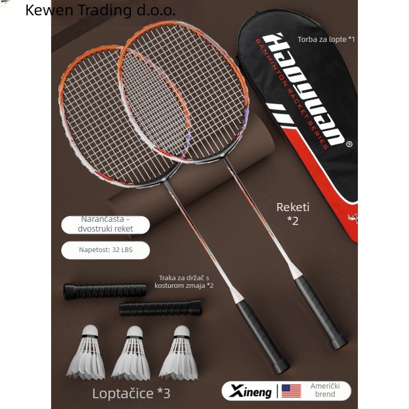 Badminton reketa – Kewen, okvir od karbonskih vlakana, težina 75–79 g, debljina ručke G-3, srednja tvrdoća