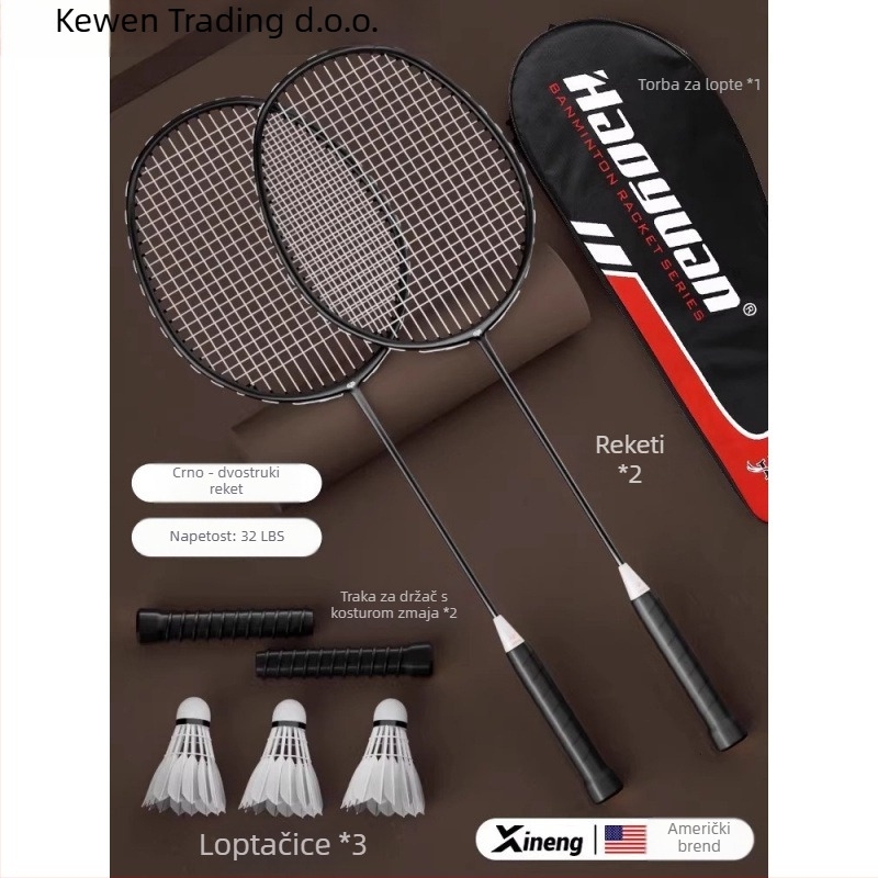 Badminton reketa – Kewen, okvir od karbonskih vlakana, težina 75–79 g, debljina ručke G-3, srednja tvrdoća