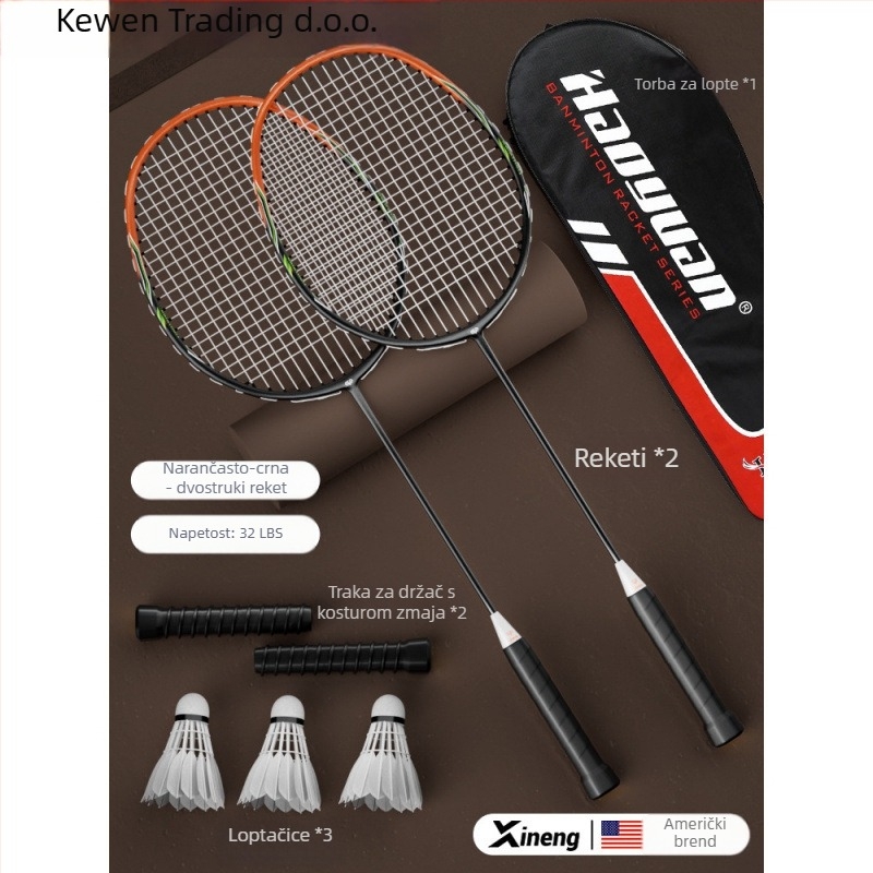 Badminton reketa – Kewen, okvir od karbonskih vlakana, težina 75–79 g, debljina ručke G-3, srednja tvrdoća