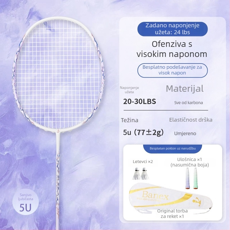 Badminton reketa s karbonskim vlaknima, ofenzivnog tipa, težina 75–79 g, debljina drške G5