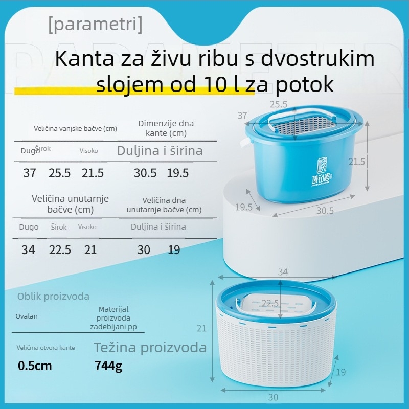 Dvostruka kanta za ribolov u potoku s aeracijom, za žive ribe, velik kapacitet