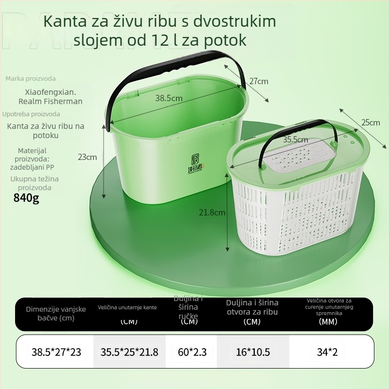 Dvostruka kanta za ribolov u potoku s aeracijom, za žive ribe, velik kapacitet
