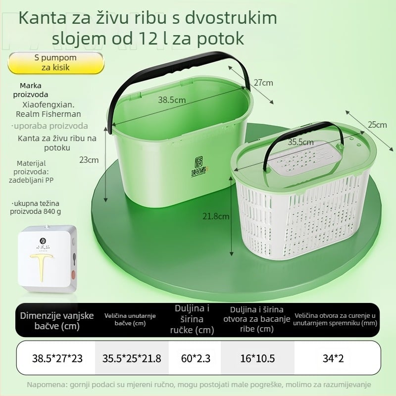 Dvostruka kanta za ribolov u potoku s aeracijom, za žive ribe, velik kapacitet