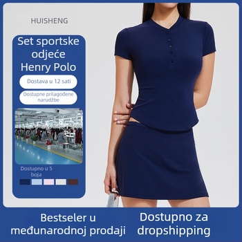 Sportski set: top s V izrezom i kratkim rukavima u Henley stilu, brzo sušeći Nylon/Spandex materijal (82% Nylon, 18% Spandex), visoka elastičnost; uključuje top i suknju; za ljeto, proljeće, jesen