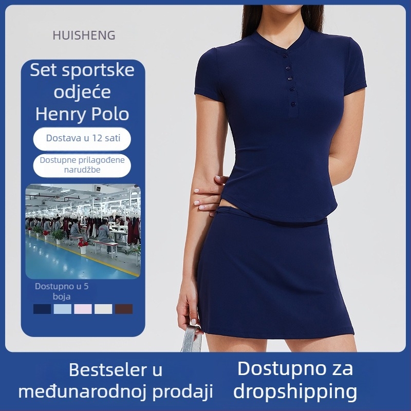 Sportski set: top s V izrezom i kratkim rukavima u Henley stilu, brzo sušeći Nylon/Spandex materijal (82% Nylon, 18% Spandex), visoka elastičnost; uključuje top i suknju; za ljeto, proljeće, jesen