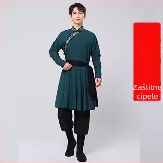 Mongolska etnička muška plesna odjeća – slobodan kroj, kardigan stil, stojeći ovratnik, dugi rukavi, 100% poliester