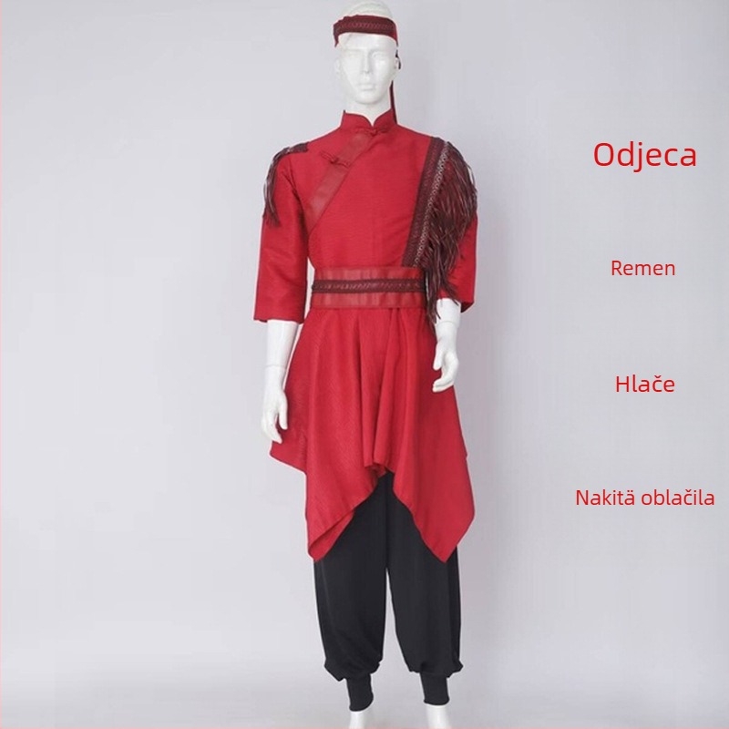 Mongolska etnička muška plesna odjeća – slobodan kroj, kardigan stil, stojeći ovratnik, dugi rukavi, 100% poliester