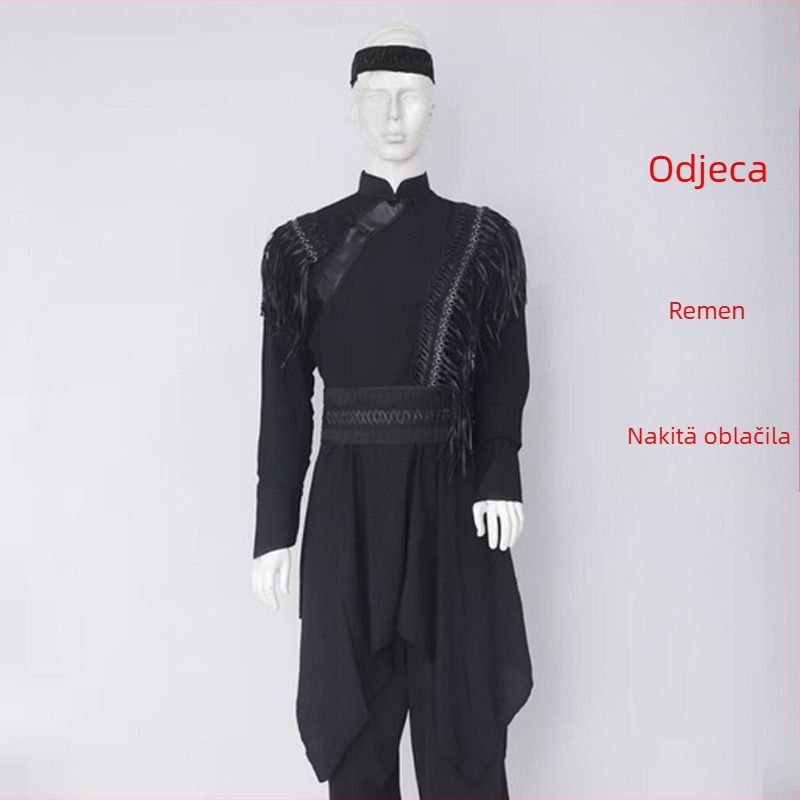 Mongolska etnička muška plesna odjeća – slobodan kroj, kardigan stil, stojeći ovratnik, dugi rukavi, 100% poliester