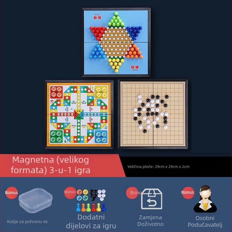 Magnetski preklopni prijenosni set za više igara za djecu i učenike – uključuje kineski šah, dame i Gomoku – edukativna igra