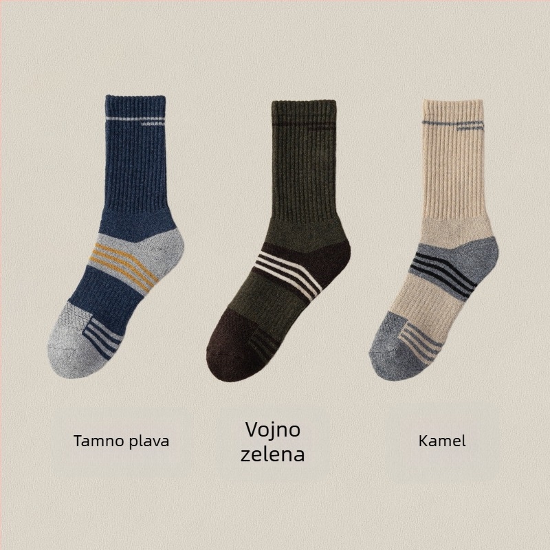 Muške Merino vunene skijaške čarape – visok tube, bezšivne konstrukcije, brzo sušenje, protiv klizanja, protiv trenja, 30–50% Merino vlakna, 96-iglа pletenja, za jesen i zimu