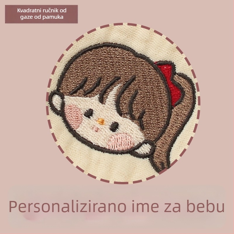 Bejbi ručnik od pamuka s izšivenim imenom – nježna gazasta krpa za lice, kvadratni ručnik, 100D ravno tkanje, težina ispod 50 g