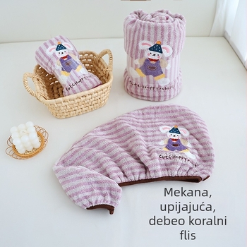 Trodjelni set ručnika za kupanje od koralnog pliša s kapom za sušenje kose, mekan i upijajući; Materijal: koralni pliš; Gustoća: 200–300 g/m²; Pređa: 100 d; Proizvodni procesi: tisak, džakard, obična tkanina