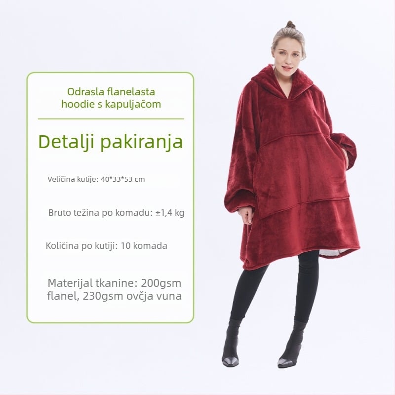 Flanel deka s kapuljačom, poliester, 300–500 g, dugi rukavi, mogućnost prilagođavanja