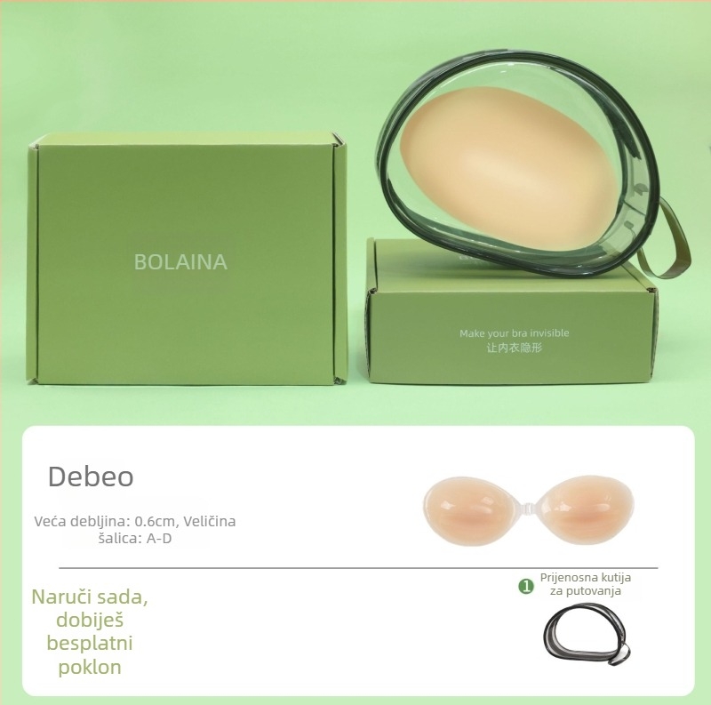 Silikonska naljepnica za grudi – skuplja, nevidljiva, bez naramenica; kružni oblik bradavice, proziran, sjajan završni sloj, obična debljina