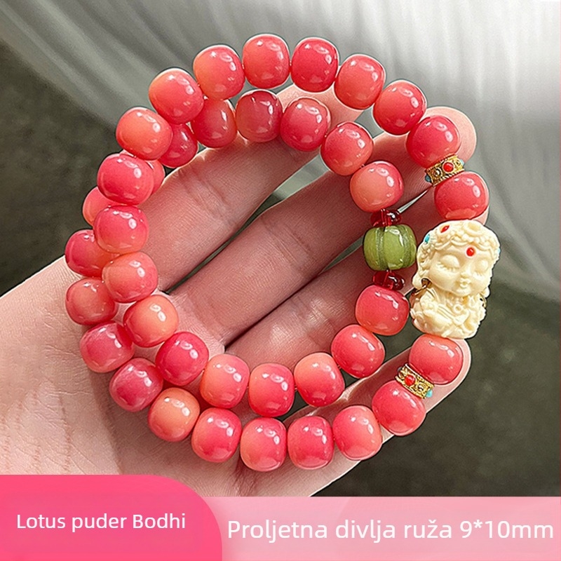Narukvica od Bodhi korijena, breskvino-ružičasta boja, Tara nakit, unisex, 10 mm, 38 perli