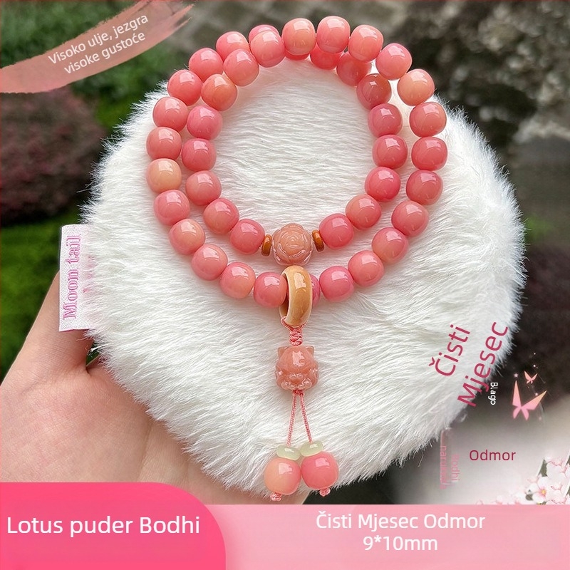 Narukvica od Bodhi korijena, breskvino-ružičasta boja, Tara nakit, unisex, 10 mm, 38 perli
