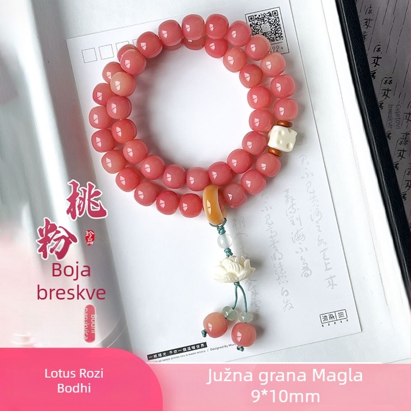 Narukvica od Bodhi korijena, breskvino-ružičasta boja, Tara nakit, unisex, 10 mm, 38 perli