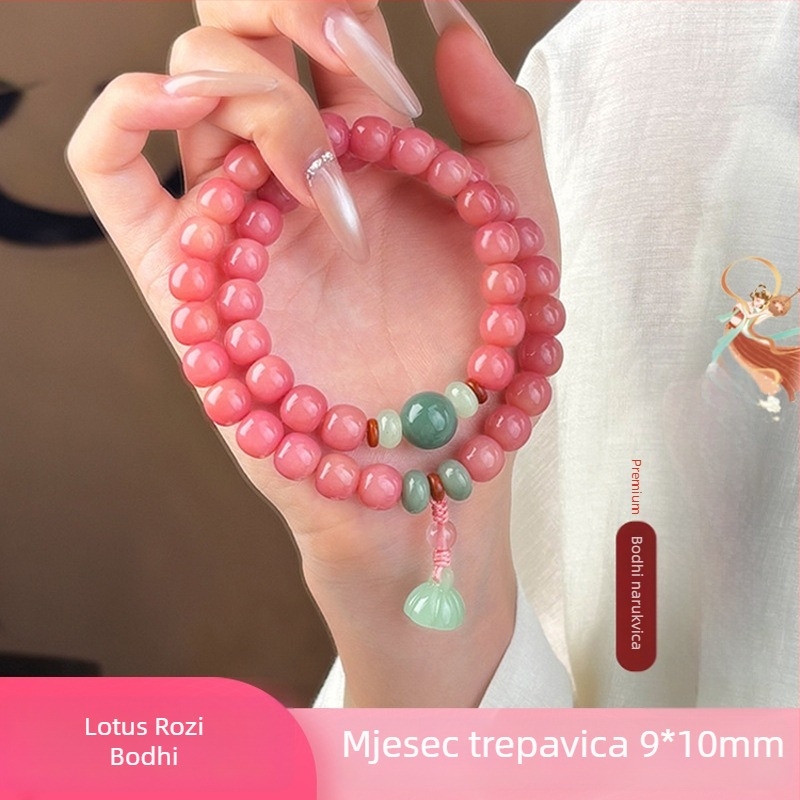 Narukvica od Bodhi korijena, breskvino-ružičasta boja, Tara nakit, unisex, 10 mm, 38 perli