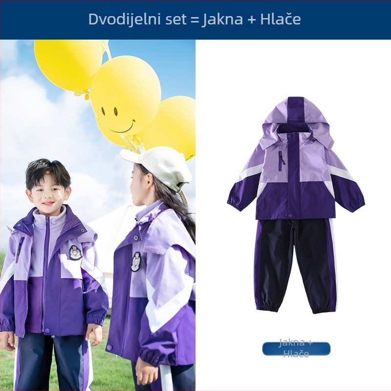 Trodjelni set školske uniforme (jakna + dugački rukavi + hlače), 100% acetat vlakna, unisex, odvojiva kapuljača, za djecu 3–8 godina