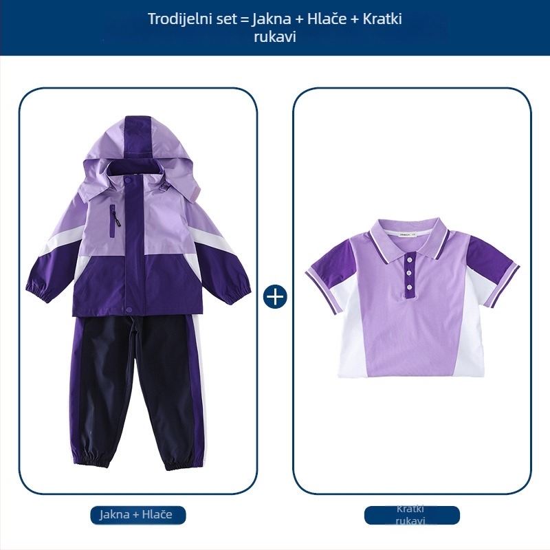 Trodjelni set školske uniforme (jakna + dugački rukavi + hlače), 100% acetat vlakna, unisex, odvojiva kapuljača, za djecu 3–8 godina
