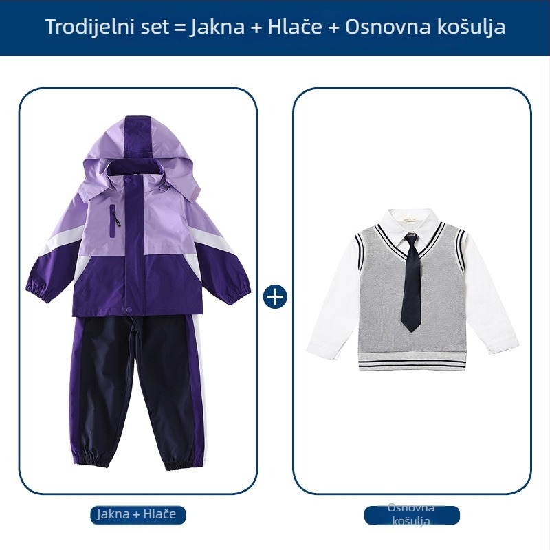 Trodjelni set školske uniforme (jakna + dugački rukavi + hlače), 100% acetat vlakna, unisex, odvojiva kapuljača, za djecu 3–8 godina