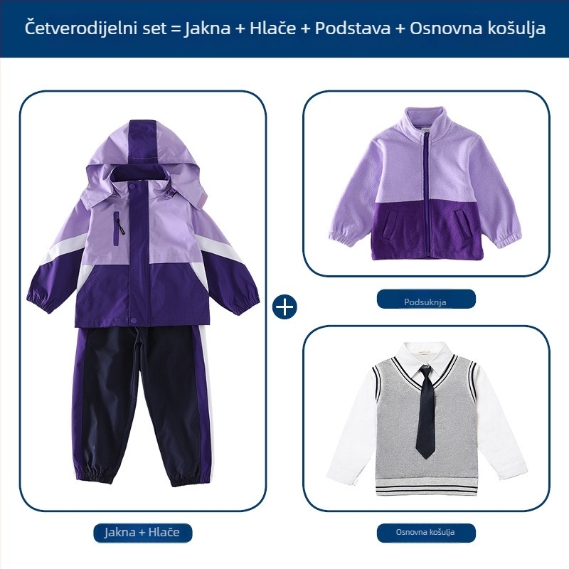 Trodjelni set školske uniforme (jakna + dugački rukavi + hlače), 100% acetat vlakna, unisex, odvojiva kapuljača, za djecu 3–8 godina