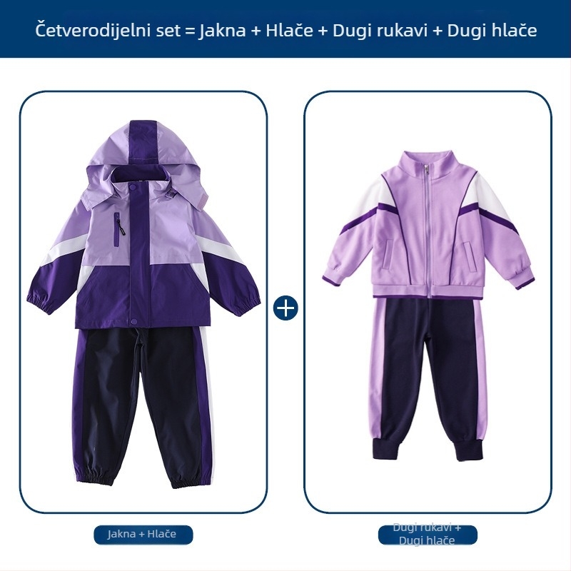 Trodjelni set školske uniforme (jakna + dugački rukavi + hlače), 100% acetat vlakna, unisex, odvojiva kapuljača, za djecu 3–8 godina